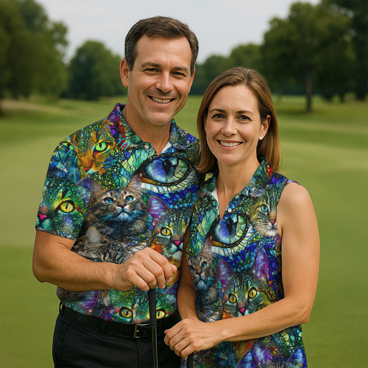 Colorful Stained Glass Cat Art Golf Polo Shirt, Men's Golf Shirt, Golf Polo Shirts For Men