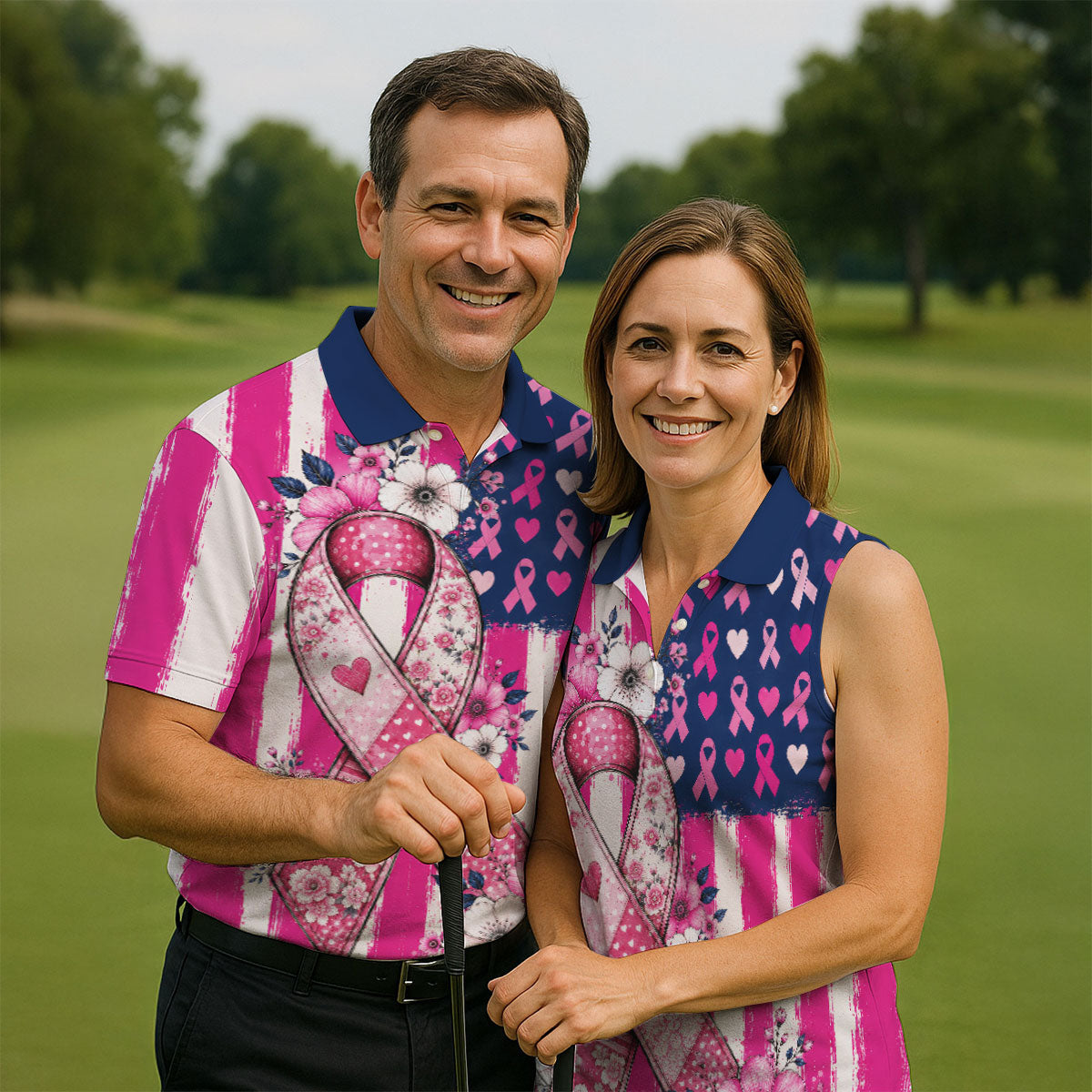 American Flag Pink Breast Cancer Awareness Golf Polo Shirt, Mens Golf Polo, Golf Shirts For Men