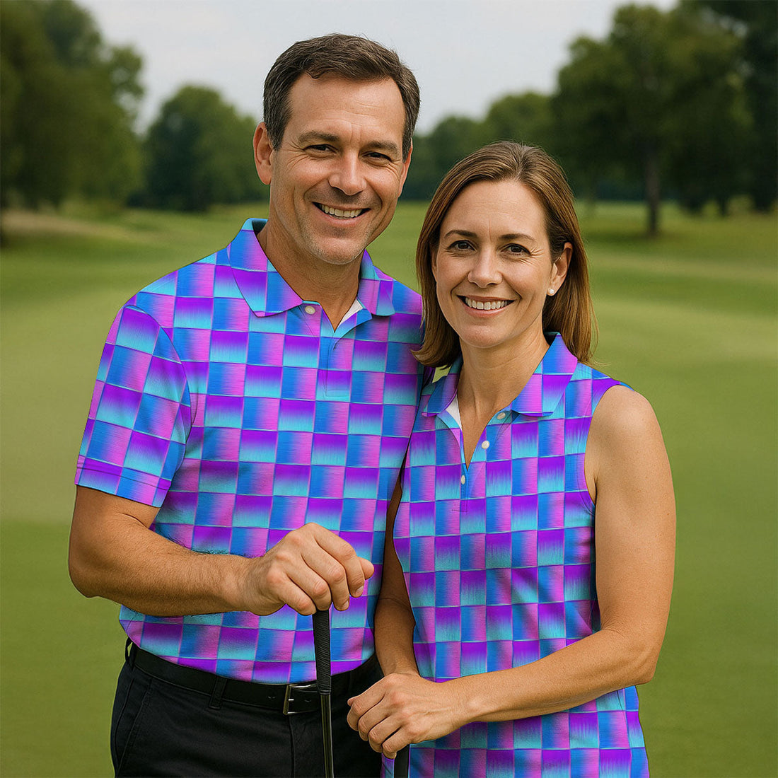 Purple Blue Gradient Checkered Pattern Golf Shirt, Mens Golf Polo, Printed Golf Shirts, Golf Polo Shirts For Men