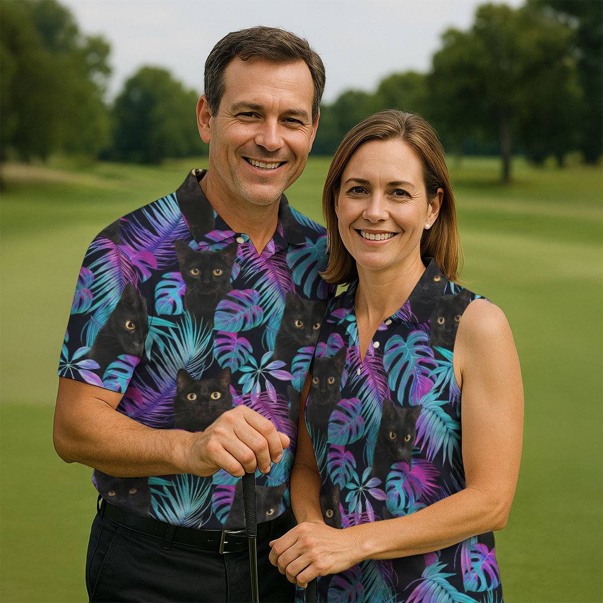Funny Black Cat Purple Blue Gradient Hawaiian Golf Shirt, Golf Shirts For Men