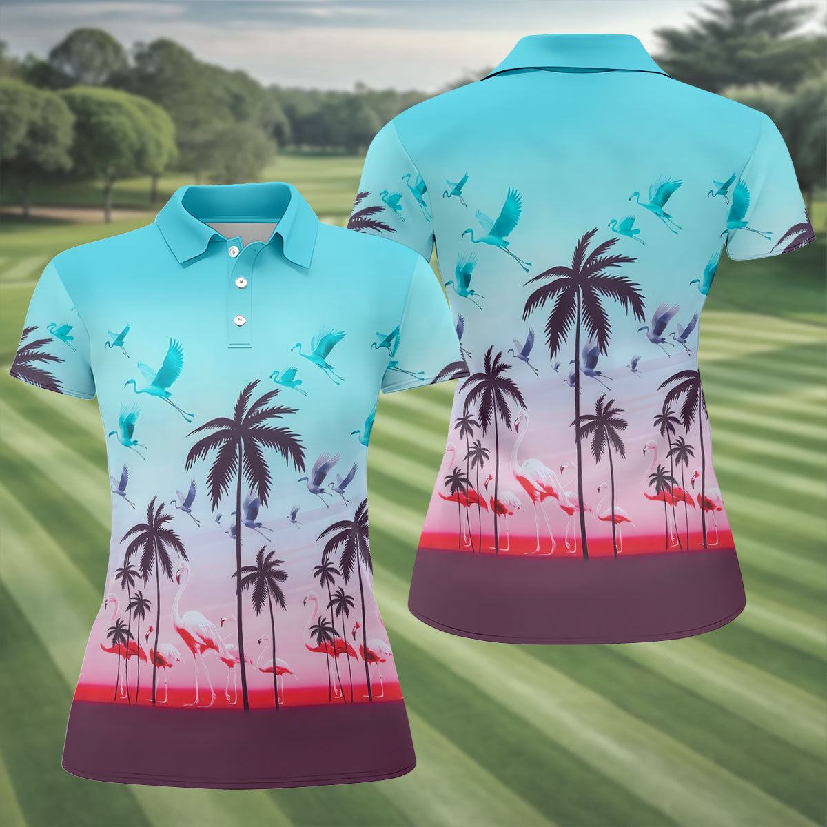Tropical Flamingo Sunset Hawaiian Golf Shirt, Women's Golf Apparel, Golf Shirts For Women