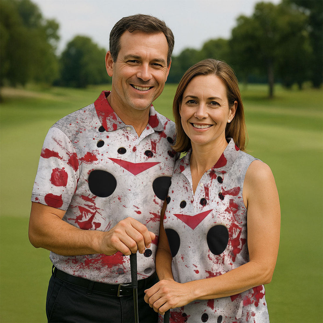 Creepy Mask Face Golf Tops For Men, Horror Character Cosplay Polo ShirtFor Men, Halloween Golf Shirt