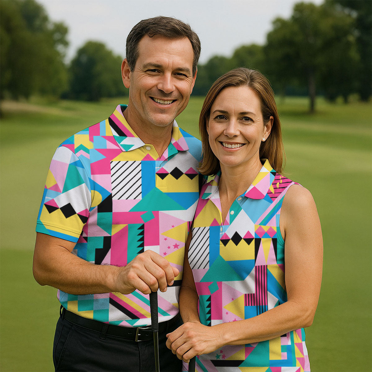 Memphis Pattern Golf Shirt, Retro 80s Geometric Color Block Design, Golf Shirt For Men