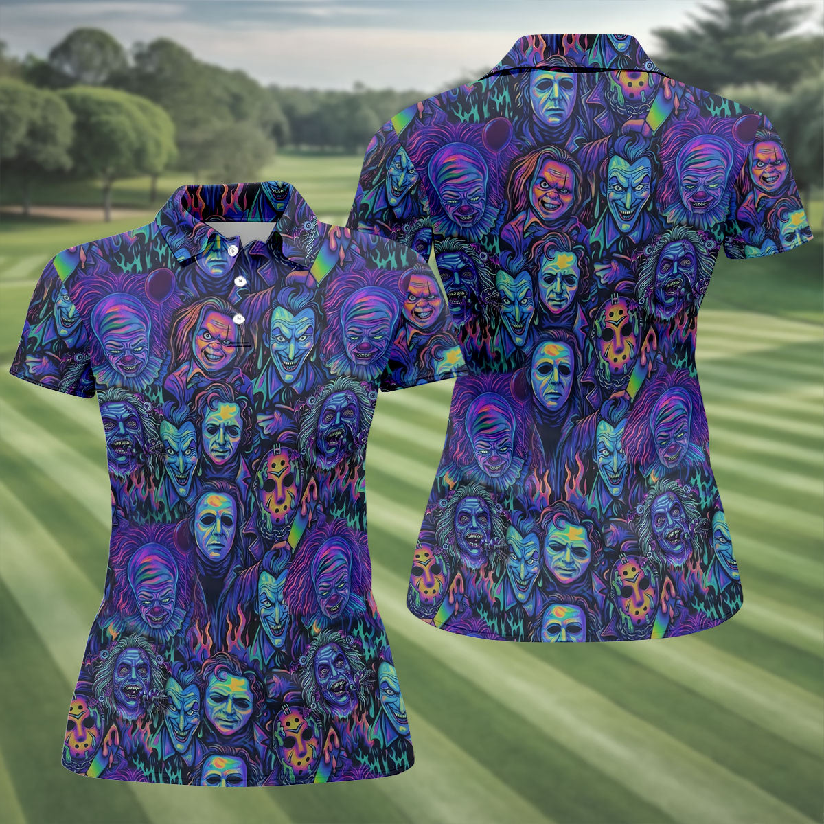 Neon Horror Character Villains Halloween Golf Shirt, Women's Golf Polo, Ladies Golf Tops