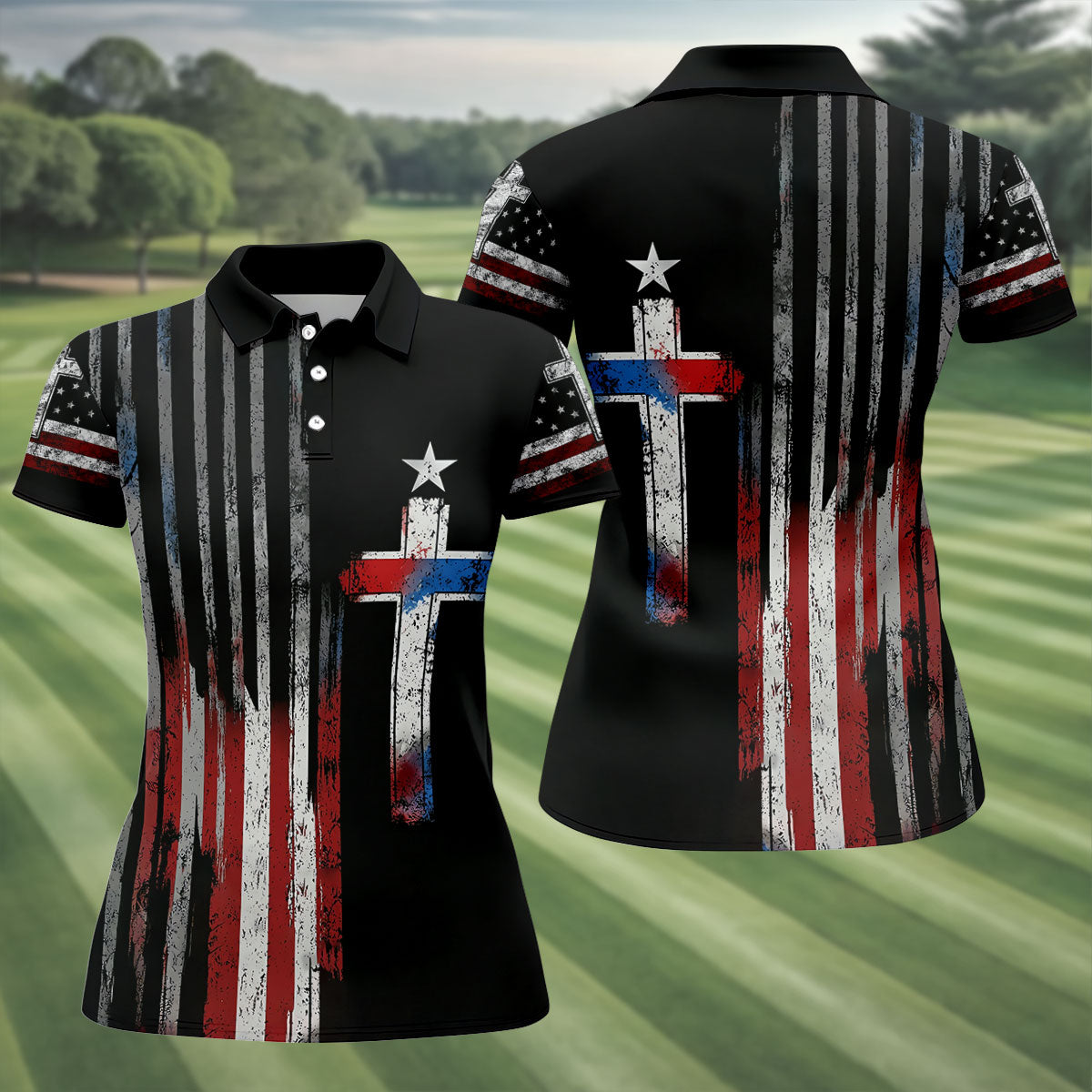 Faith Cross US Flag Golf Shirt, 250 Years Retro Golf Shirt, Patriotic 4th Of July Women's Golf Tops