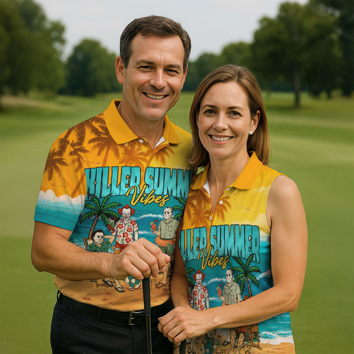 Killer Summer Vibes Horror Beach Party Golf Hawaiian Shirt, Men's Golf Shirt, Mens Golf Polo
