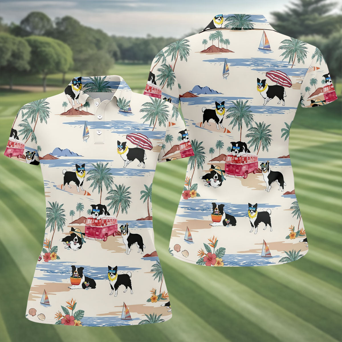 Tropical Border Collie Beach Hawaiian Golf Polo Shirt, Ladies Golf Shirt, Womens Golf Tops
