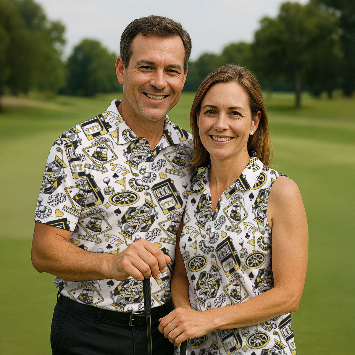 Casino Golf Pattern White Hawaiian Golf Polo Shirt, Mens Polo Shirts, Golf Shirts For Men