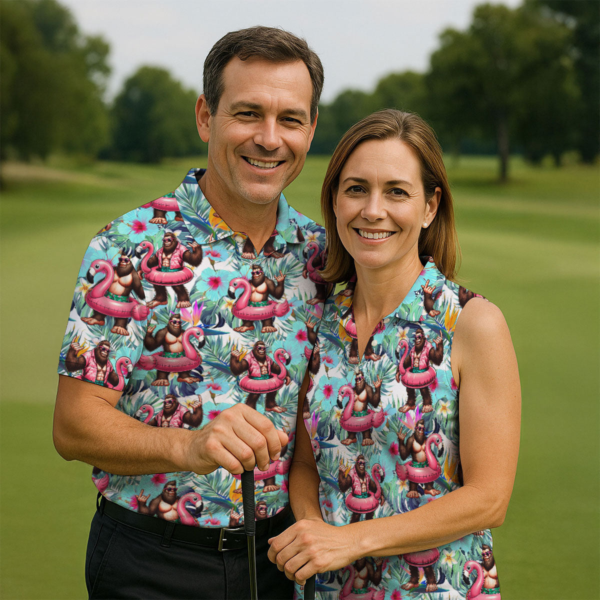 Funny Bigfoot Flamingo Float Tropical Golf Polo Shirt, Men's Golf Shirt, Golf Polo Shirts For Men
