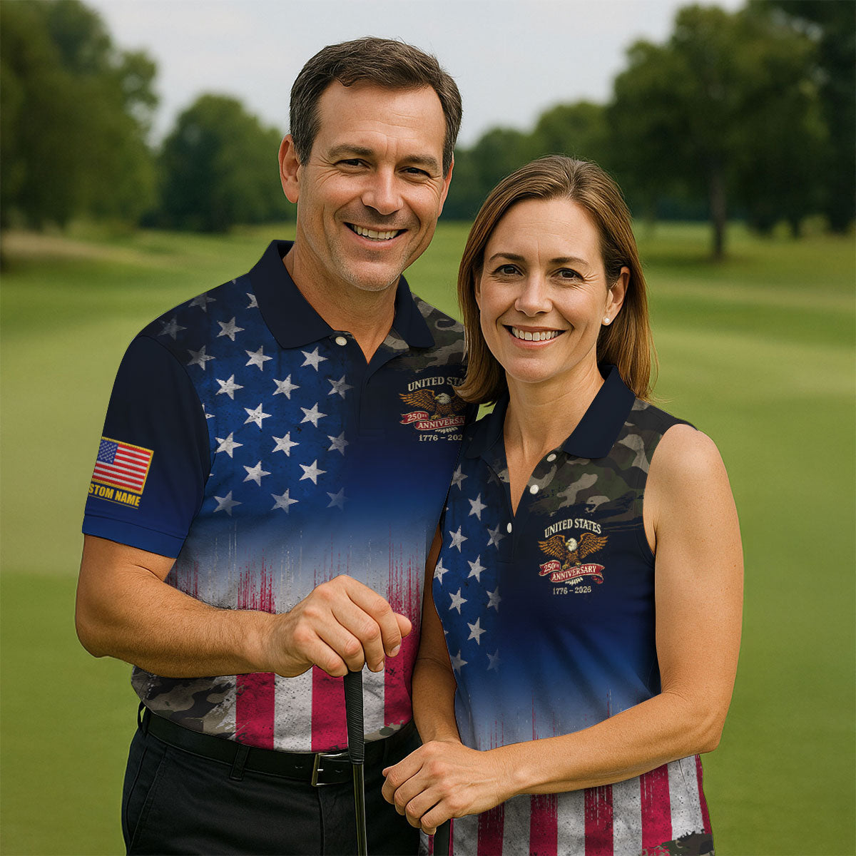 United States 250th Anniversary Camo Patriotic 4th Of July Golf Shirt, Distressed Flag Golf Shirt For Women