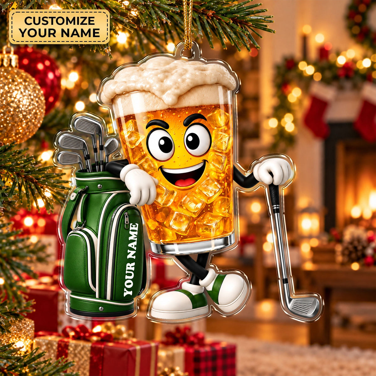 Custom Name Beer Glass Golf Acrylic Ornament, Golf Lover Gifts, Christmas Ornaments