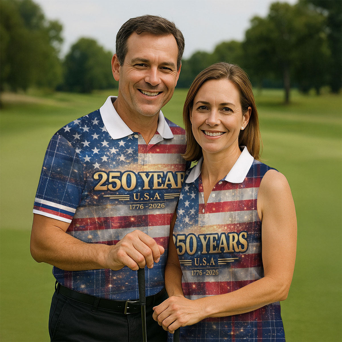 250 Years USA Galaxy Overlay Checkered Patriotic Golf Shirt, 4th Of July Golf Shirts For Men