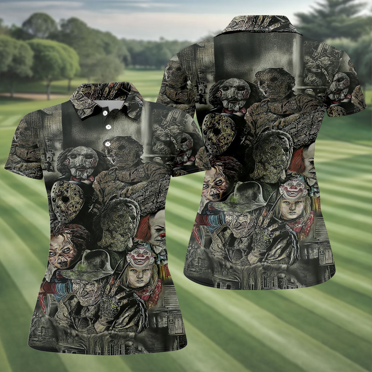 Horror Character Collage Golf Polo Shirt, Women's Golf Polo, Ladies Golf Shirts