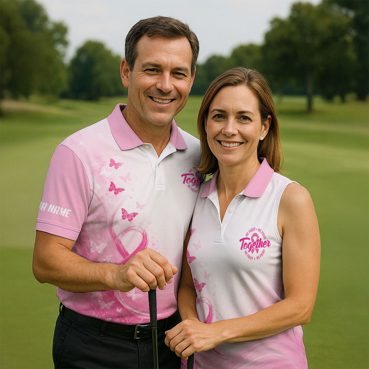 Custom Together We Fight Butterfly Breast Cancer Polo Shirt, Mens Golf Polo, Printed Golf Shirts