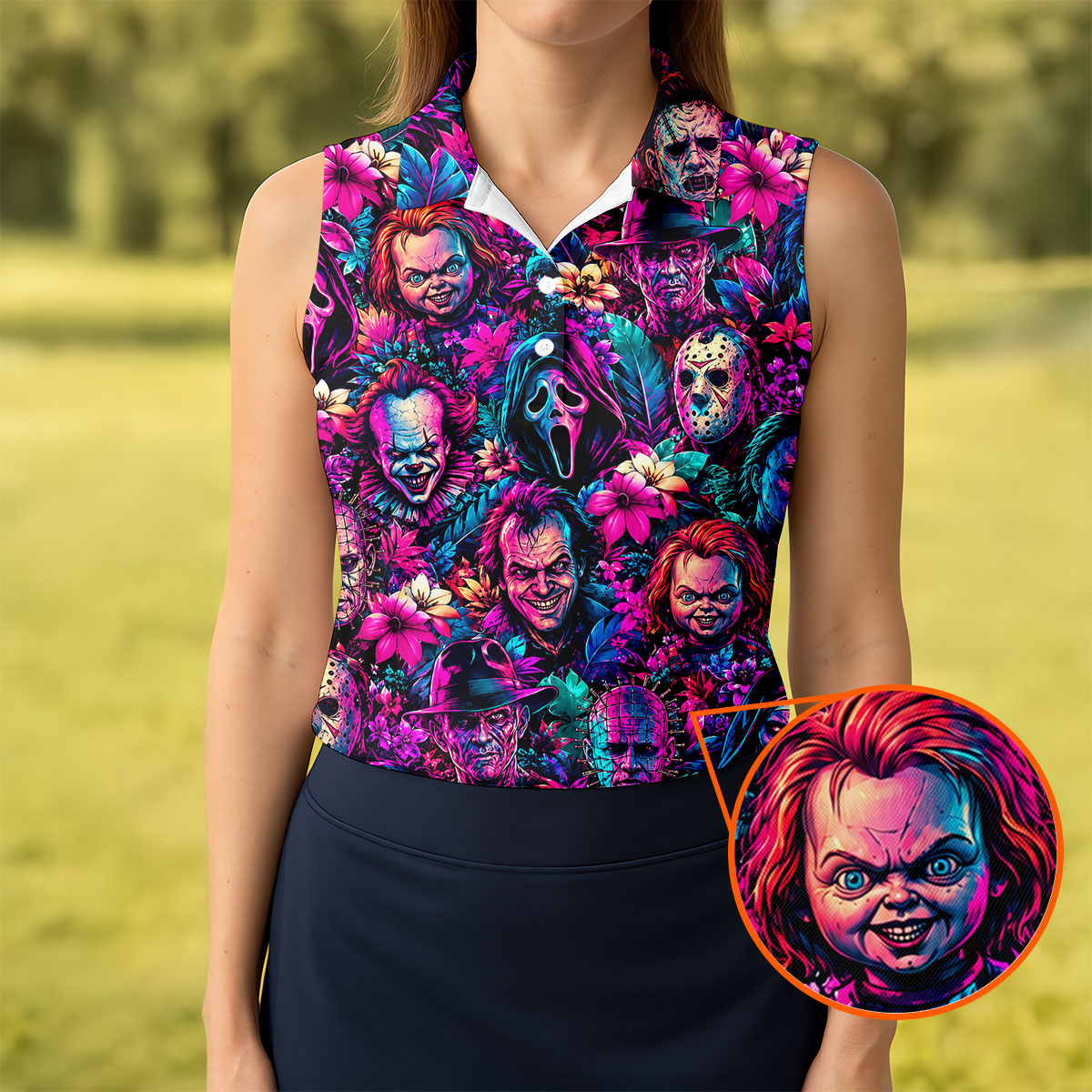 Neon Floral Horror Character Halloween Golf Shirt, Golf Shirts For Women, Women's Golf Apparel