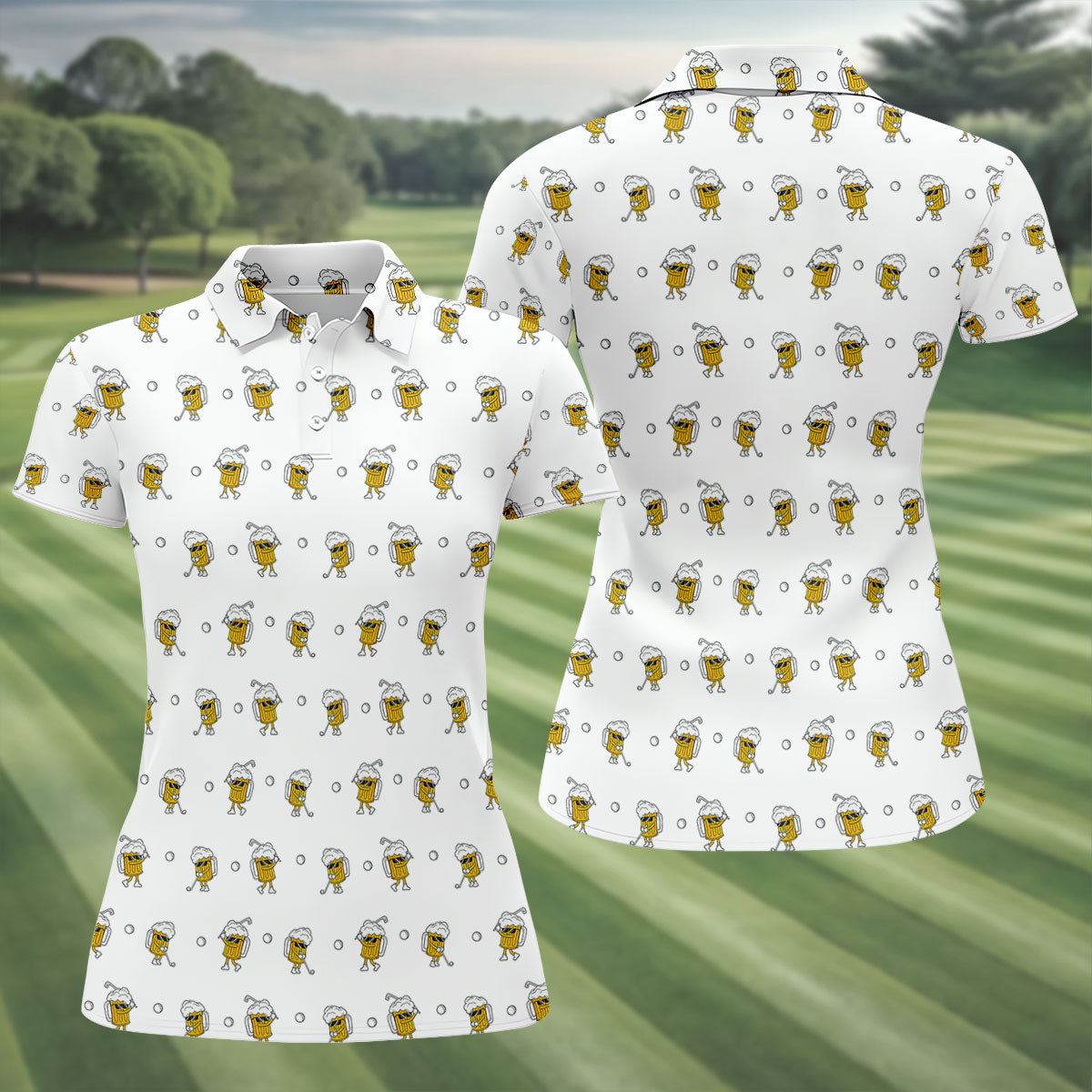 Cartoon Beer Mug Golfer Pattern Golf Polo Shirt, Women’s Golf Polo, Ladies Golf Shirts