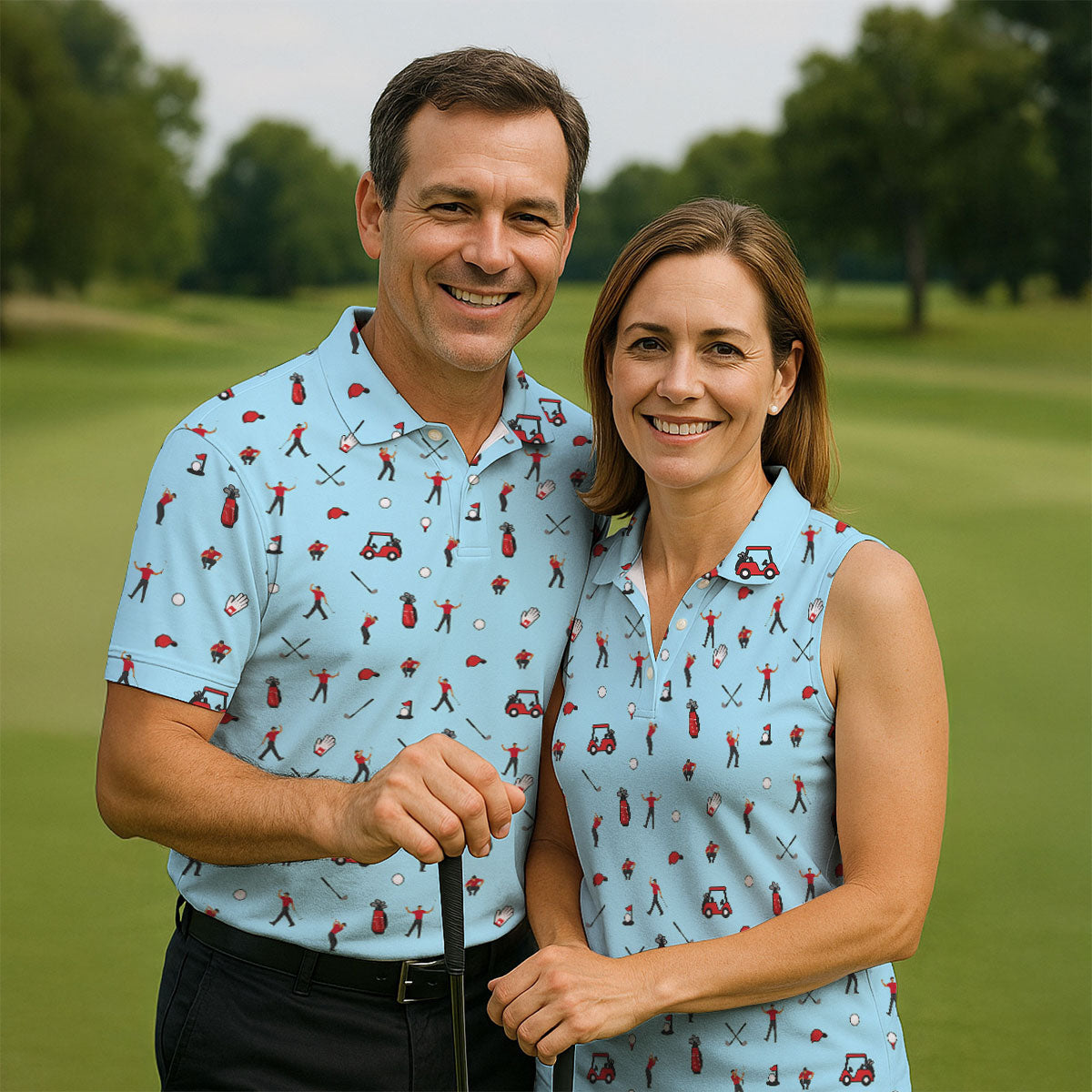 Blue Golf Player Pattern Polo Shirt, Golf Polo Shirts For Men, Printed Golf Shirts