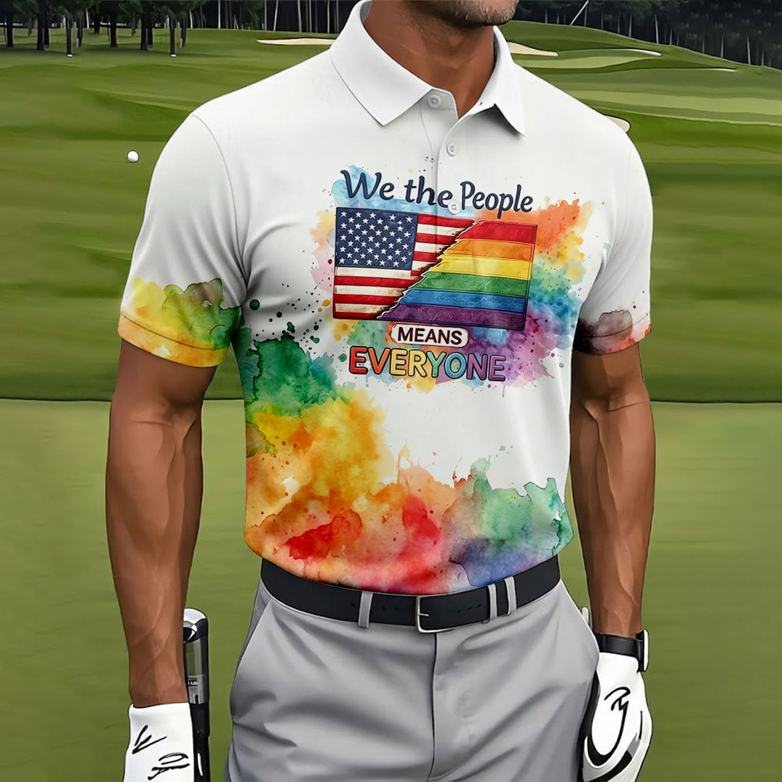 We The People Means Everyone Water Color Print Golf Shirt, LGBTQ Month Polo Shirts For Men