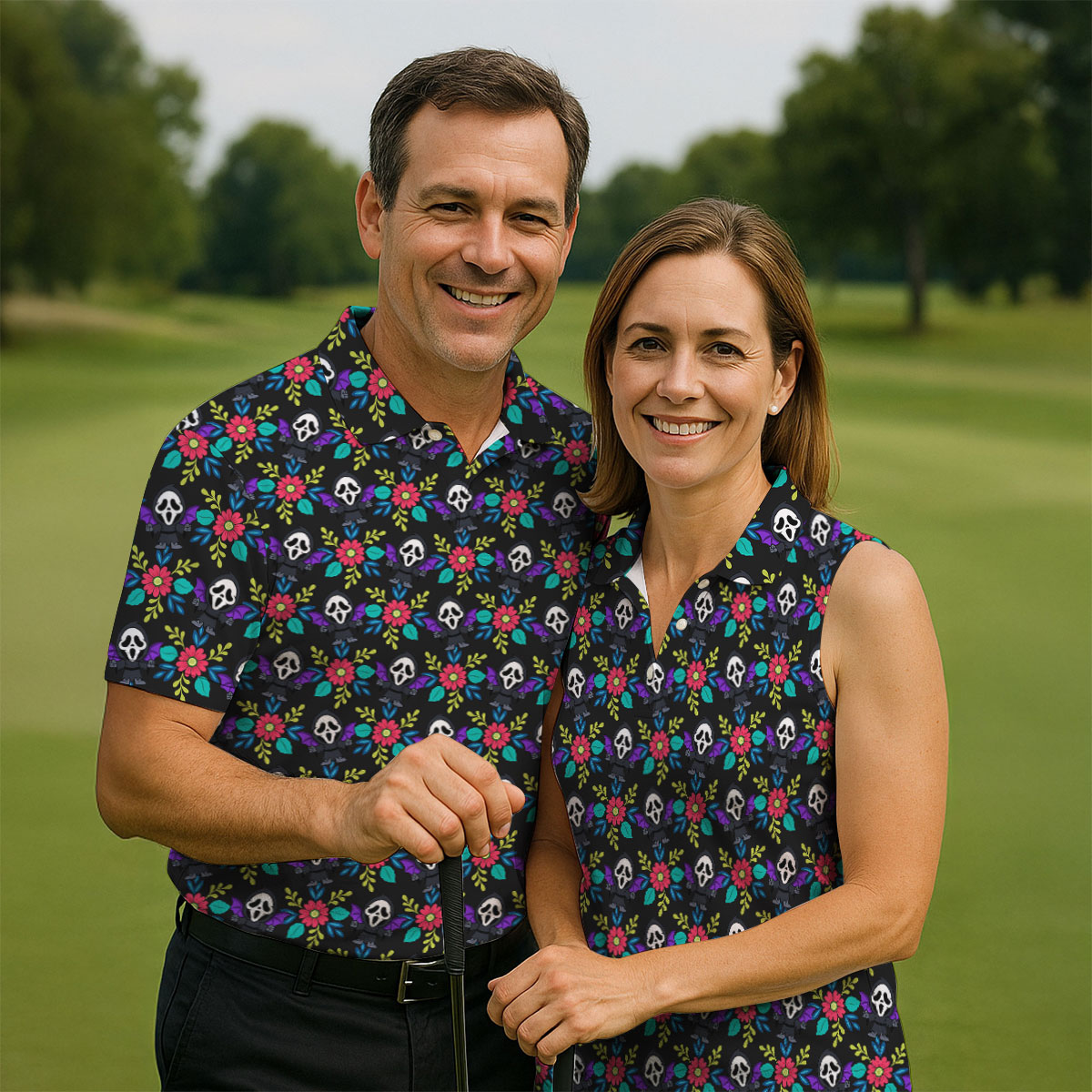 Floral Horror Character Halloween Polo Shirt, Halloween Shirts For Men, Mens Golf Polo