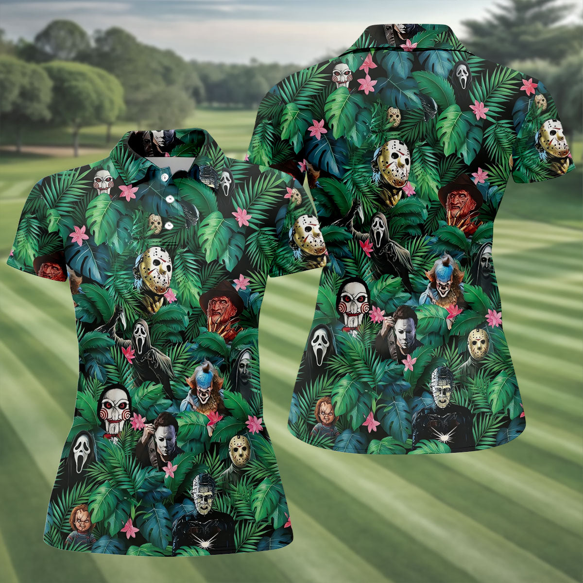 Tropical Horror Character Pattern Golf Polo Shirt, Womens Golf Polo, Ladies Golf Shirts