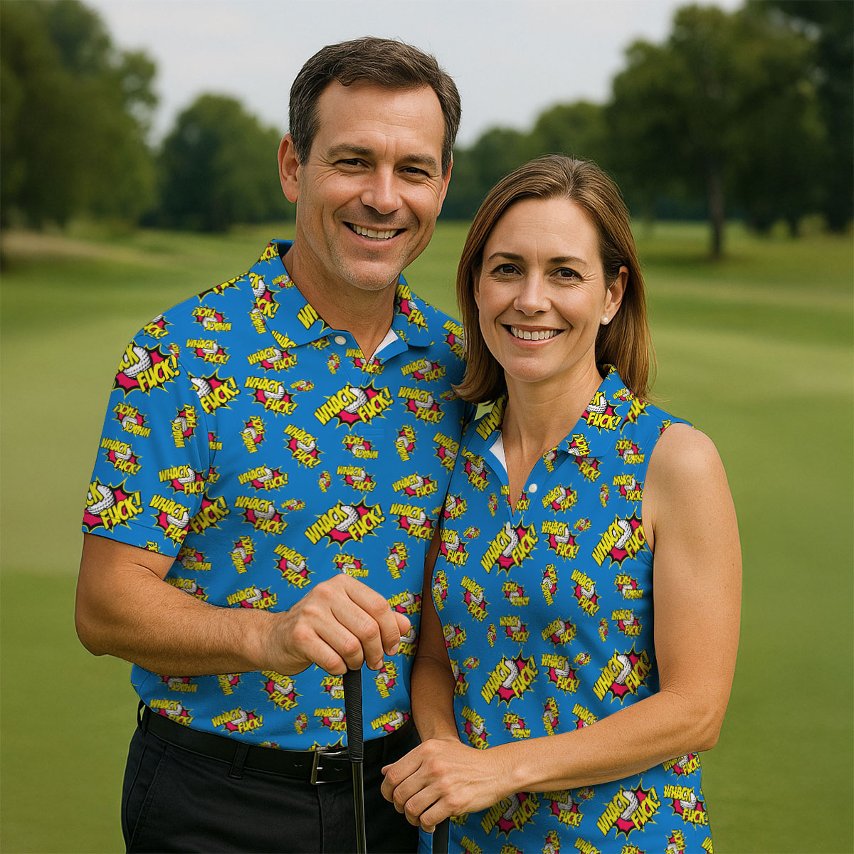 Whack Fuck Comic Golf Ball Pattern Golf Shirt, Men's Golf Shirt, Golf Apparel For Men
