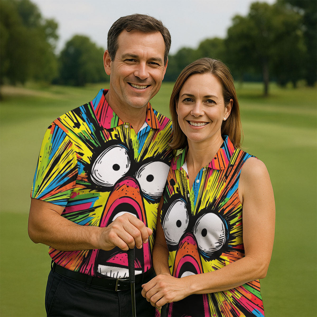 Screaming Face Colorful Retro Hawaiian Golf Shirt, Men's Funny Golf Shirts