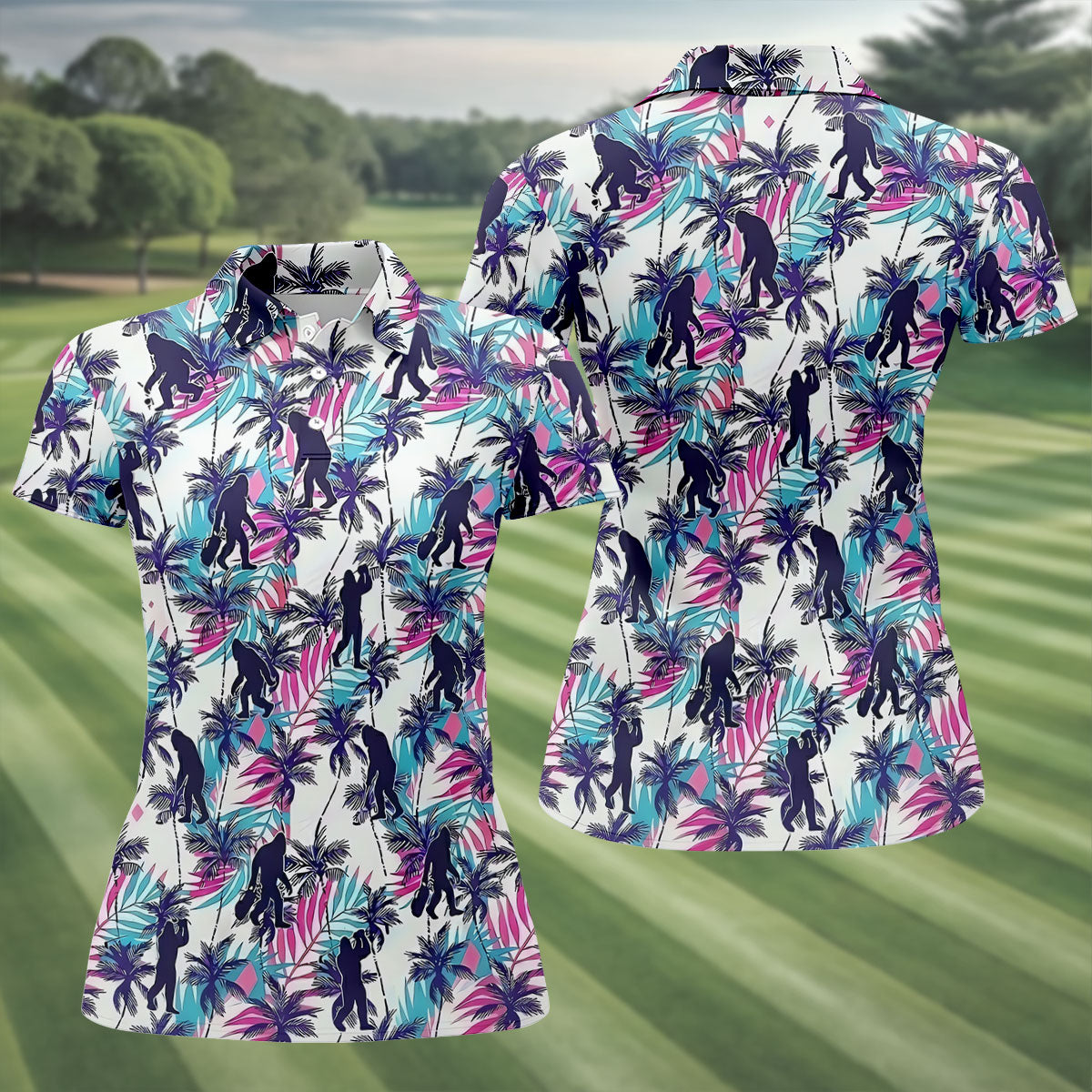 Funny Bigfoot Golfer Tropical Palm Pattern Polo Shirt, Golf Shirts For Women, Ladies Golf Shirts