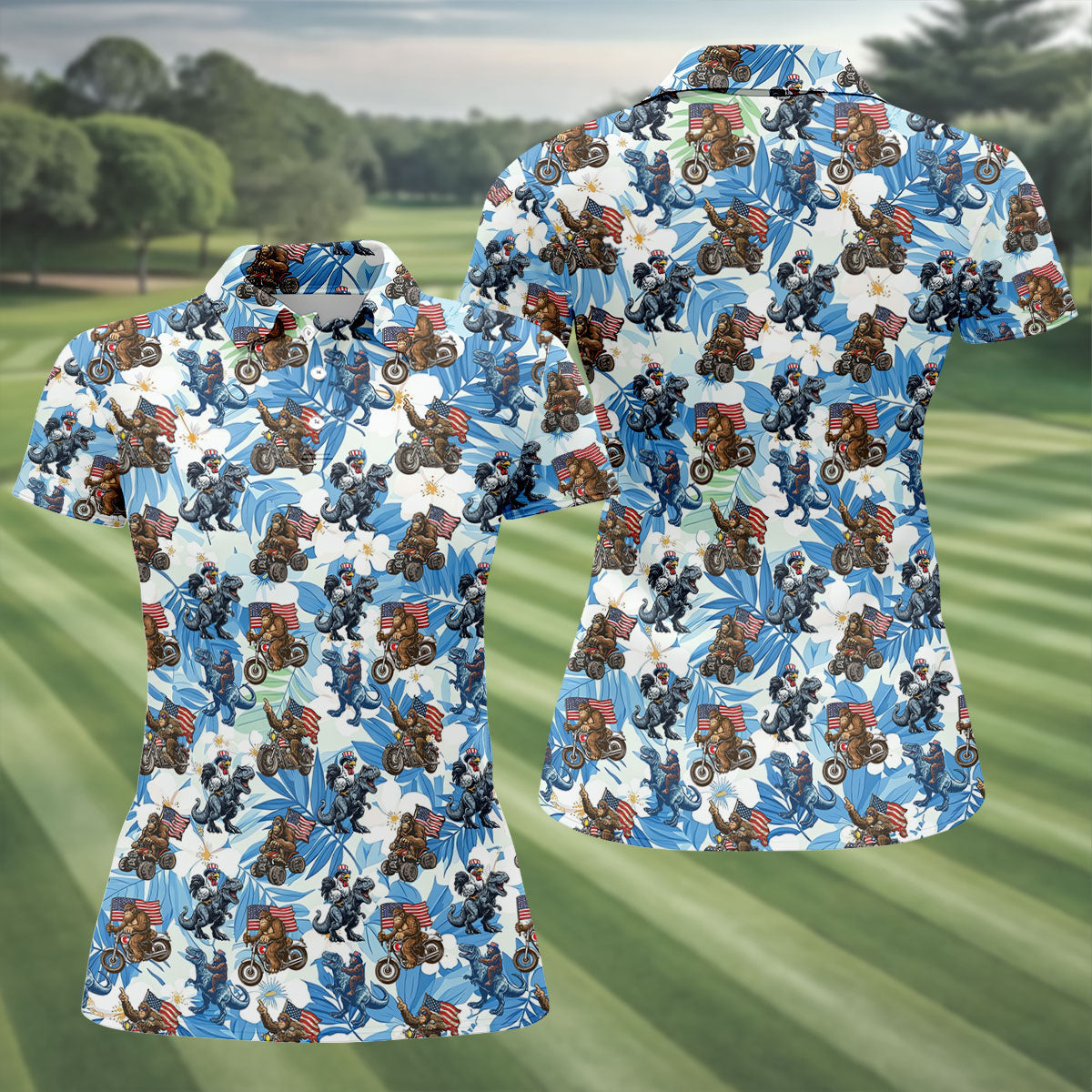 Patriotic Bald Eagle Funny T-Rex Bigfoot Hawaiian Golf Shirt, 250 Years 4th Of July Golf Shirt For Women