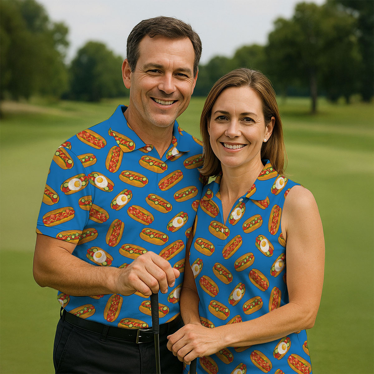 Blue Hot Dog And Fried Egg Pattern Golf Shirt, Hawaiian Golf Shirt, Mens Golf Shirts, Golf Apparel For Men