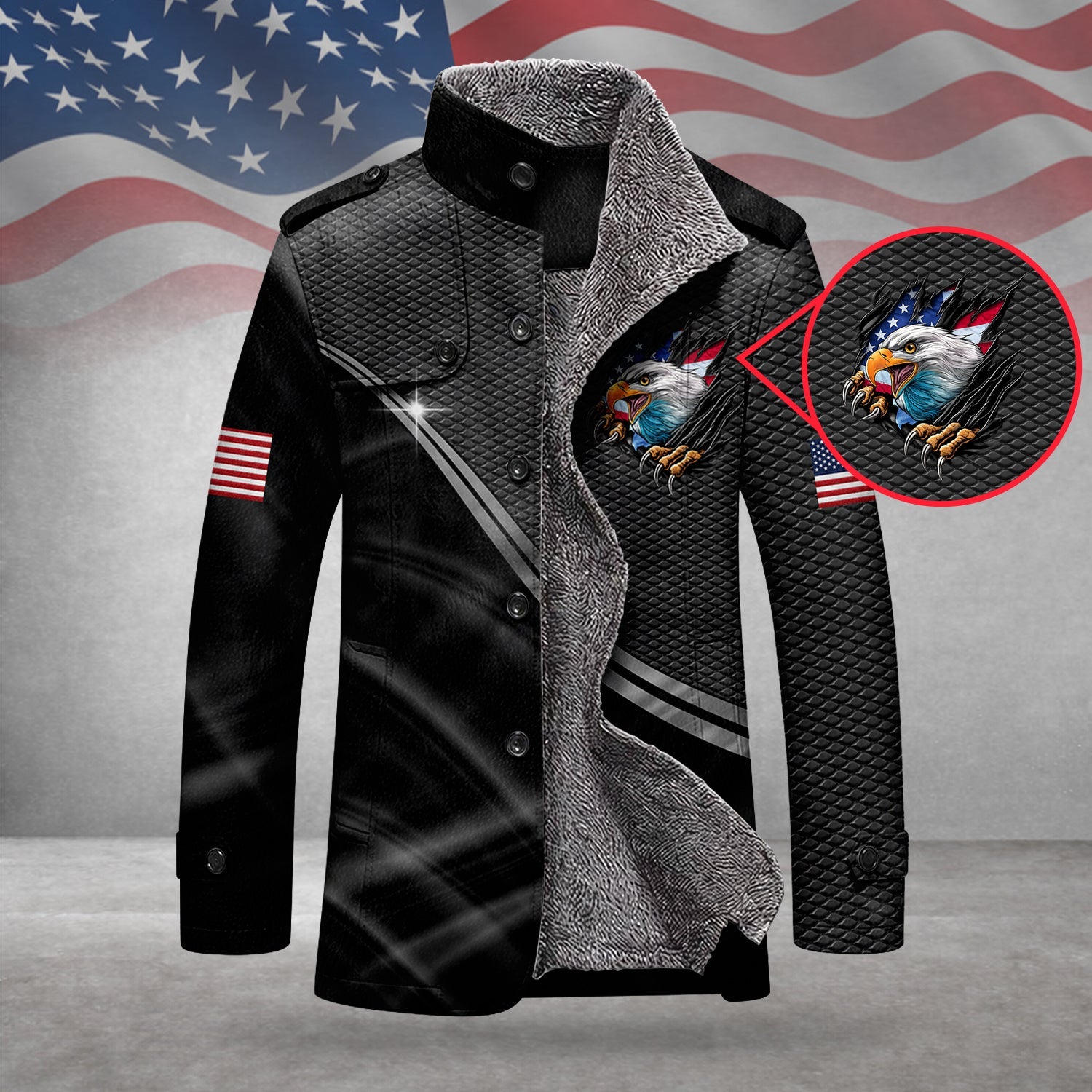 250 Years Bald Eagle And US Flag Men's Cold Premium Weather Jacket, Leather Trench Coat