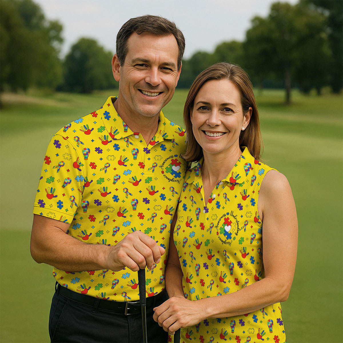 Awareness Understanding Acceptance Autism Ribbon Yellow Golf Shirt, Autism Awareness Colors Golf Shirts For Men