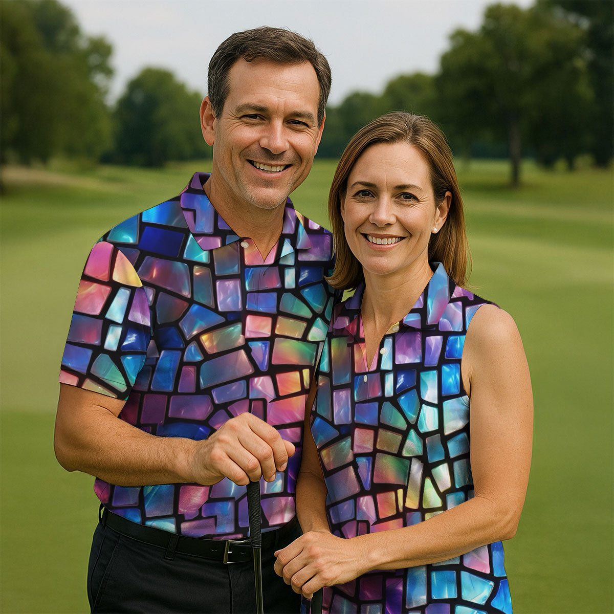Colorful Stained Glass Mosaic Pattern Golf Shirt, Men's Golf Shirt, Golf Polo Shirts For Men, Mens Golf Apparel