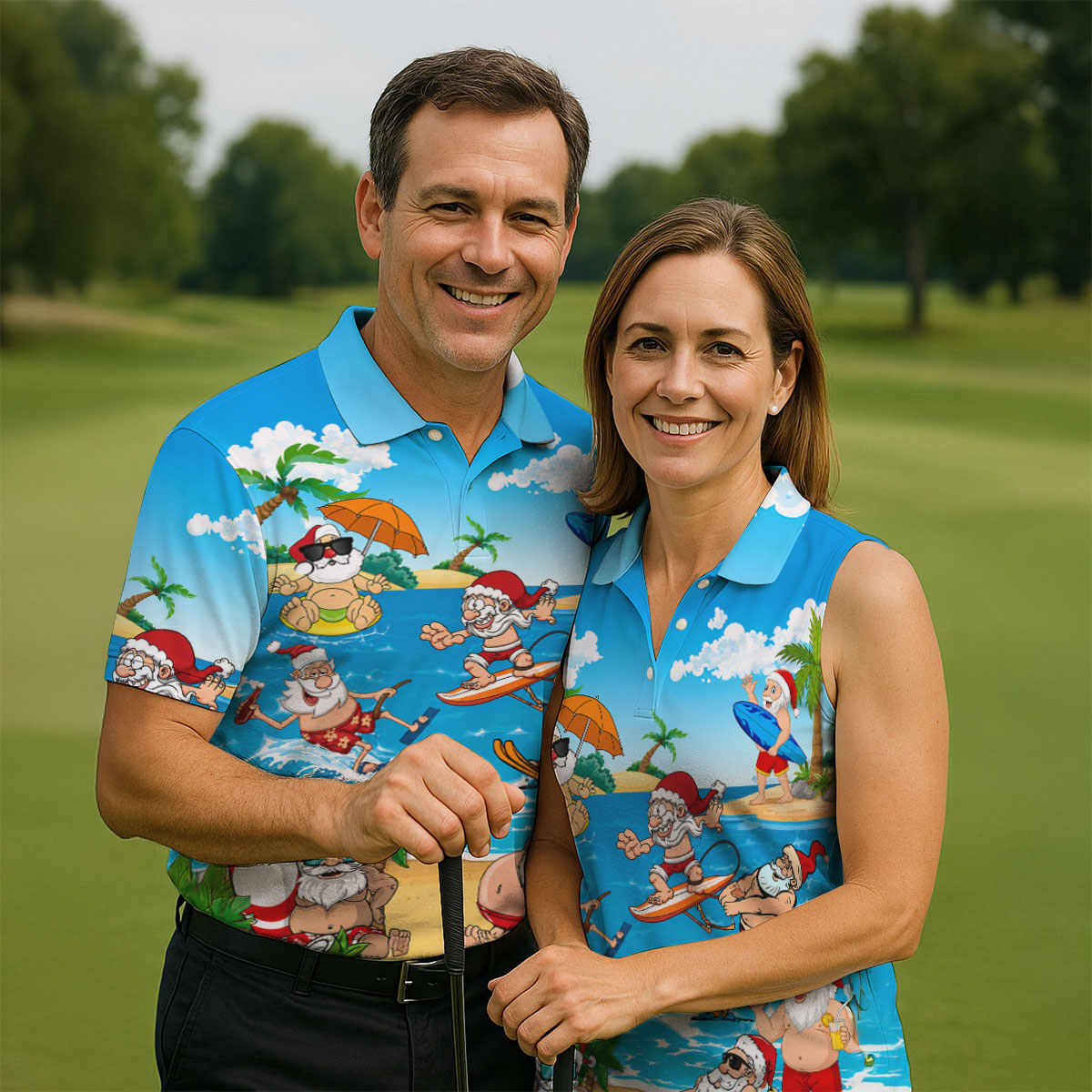 Santa Claus Surfing Summer Beach Party Golf Shirt, Xmas In July Mens Golf Polo, Christmas Golf Shirts
