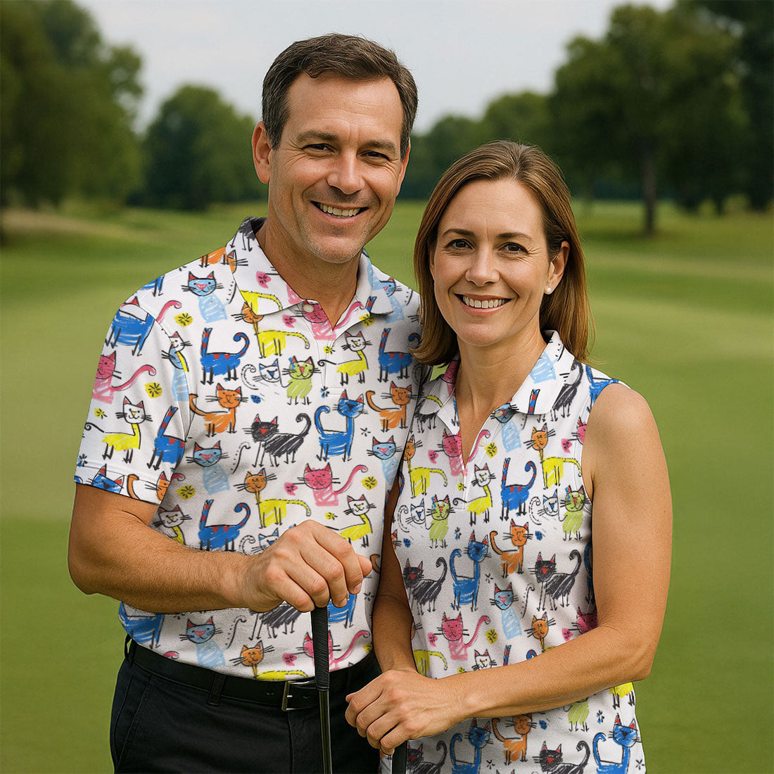Cartoon Cat Golf Shirt, Colorful Doodle Cat Pattern, Polo Shirts For Men