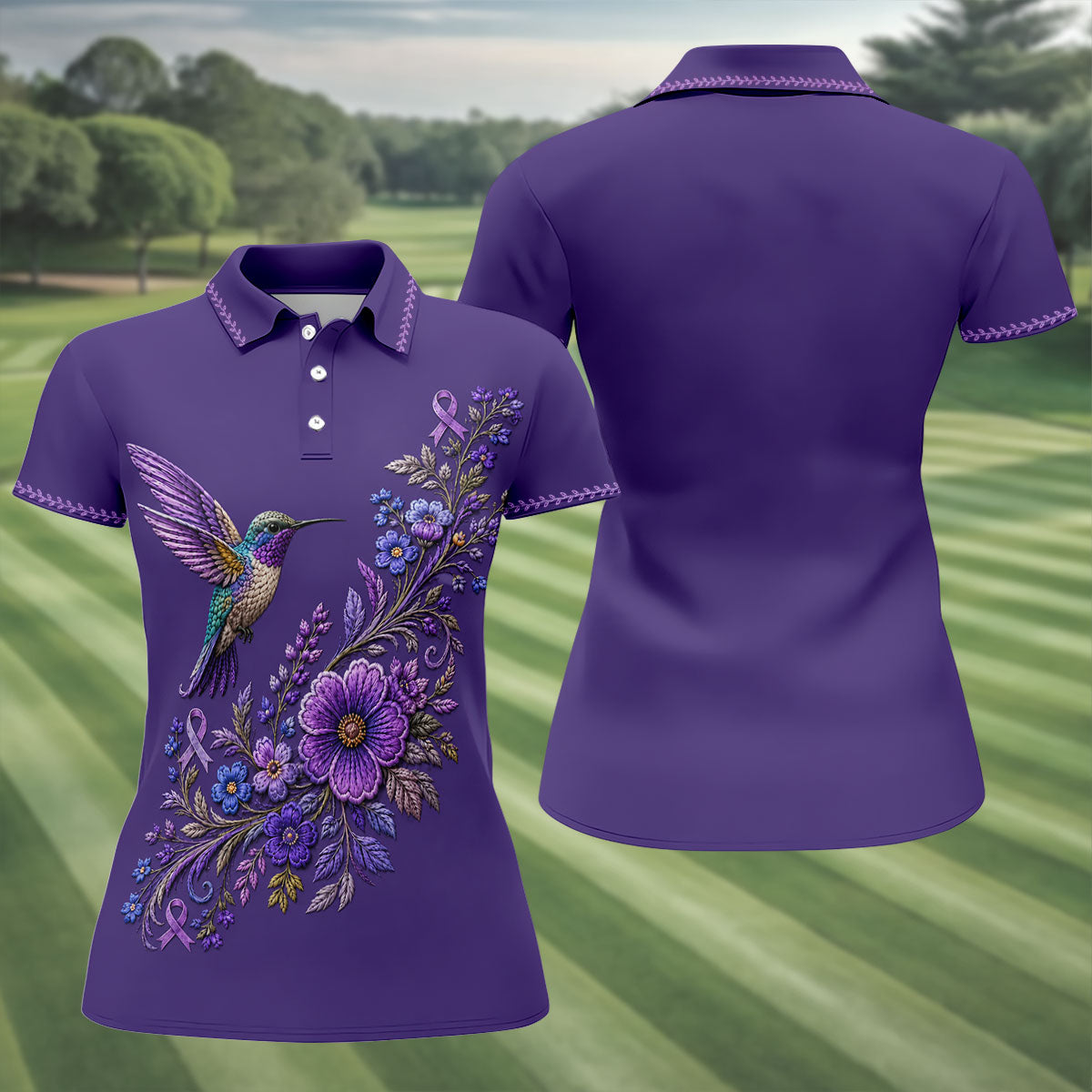 Purple Hummingbird Cancer Awareness Polo Shirt, Womens Sleeveless Golf Shirt, Ladies Golf Top