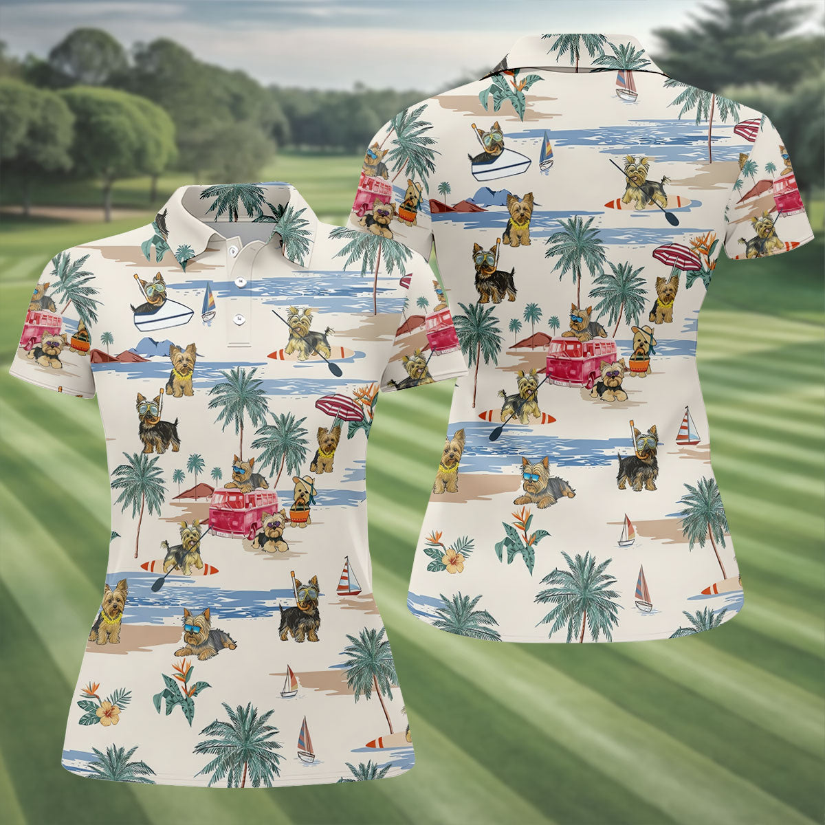 Cute Yorkshire Terrier Beach Vacation Golf Polo Shirt, Golf Shirts For Women, Women's Golf Apparel