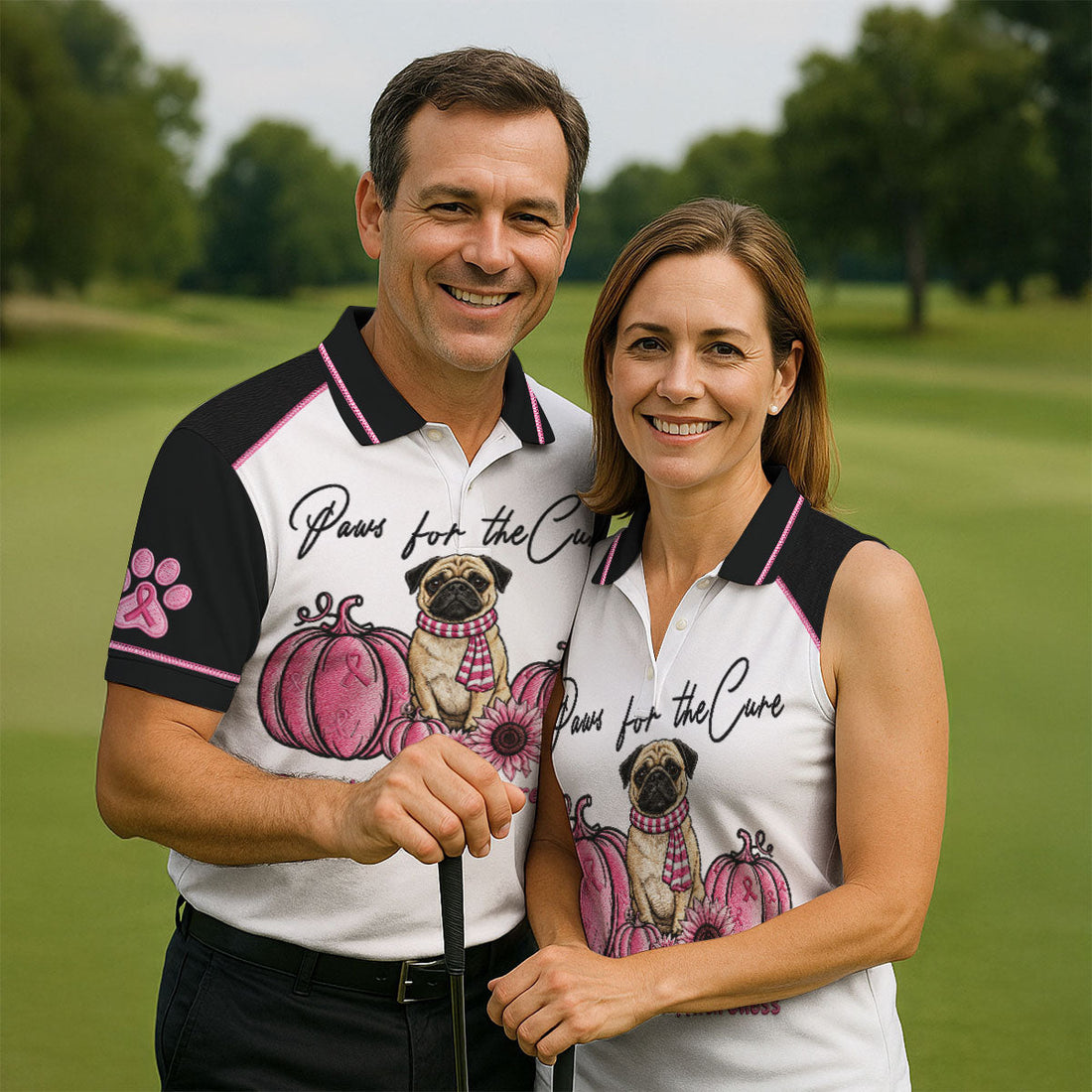 Paws For The Cure Pug Breast Cancer Polo Shirt, Men's Golf Shirt, Mens Golf Apparel