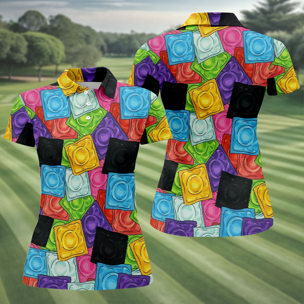 Funny Condom Wrapper Pattern Golf Polo Shirt, Women's Golf Apparel, Printed Golf Shirt