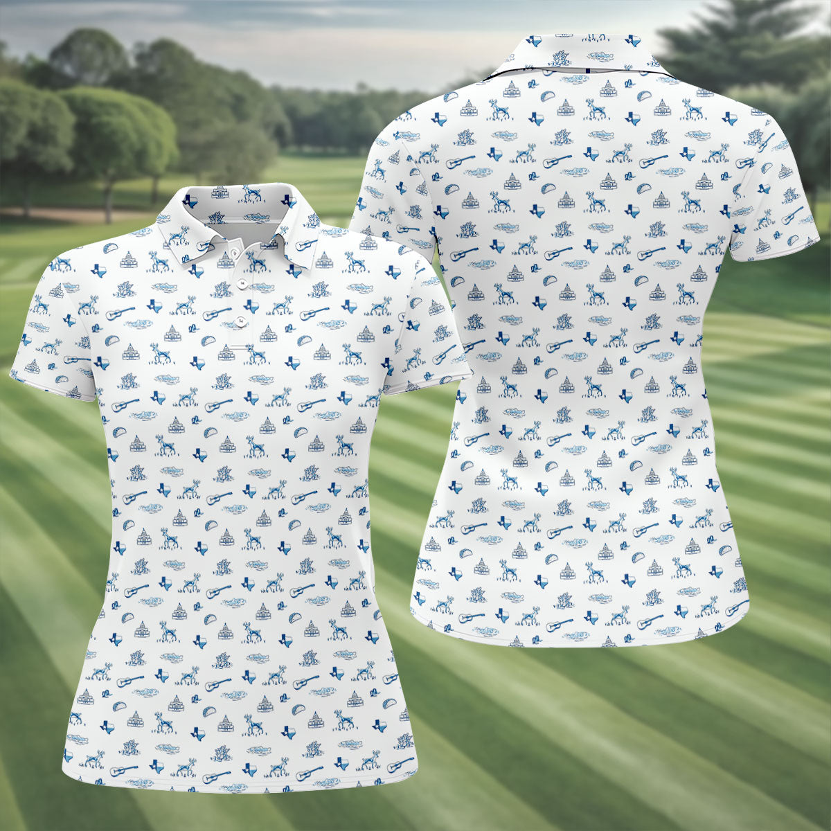 White Texas Icons Pattern Golf Polo Shirt, Hawaiian Golf Shirt, Women's Golf Apparel