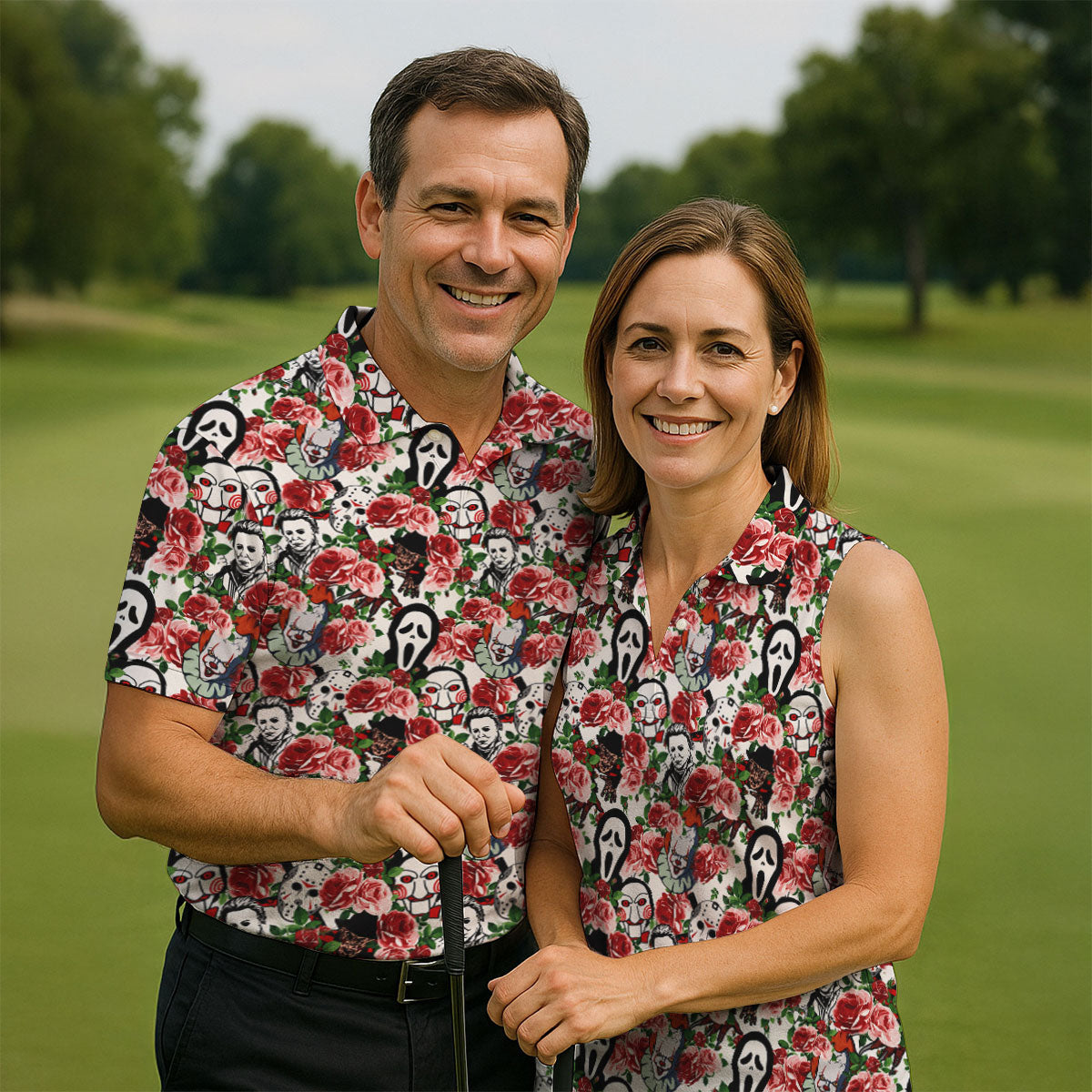 Rose Horror Character Collage Halloween Golf Shirt, Mens Golf Shirts, Golf Apparel For Men