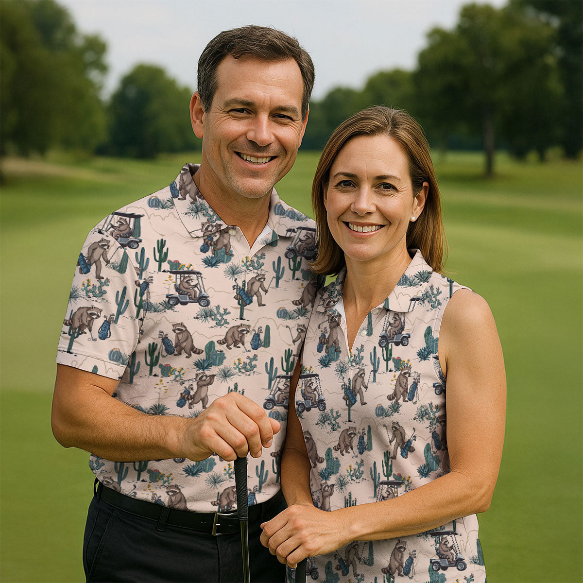 Funny Raccoon Desert Golf Pattern Polo Shirt, Mens Golf Polo, Printed Golf Shirts