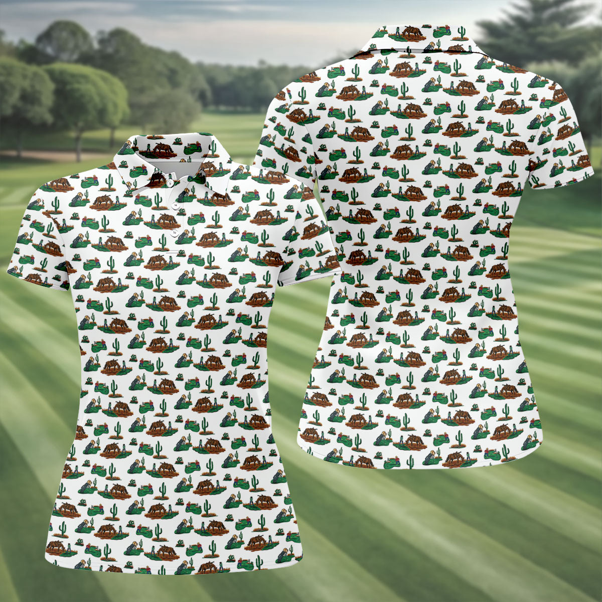 Western Golf Course Pattern Golf Polo Shirt, Ladies Golf Shirt, Women's Golf Apparel