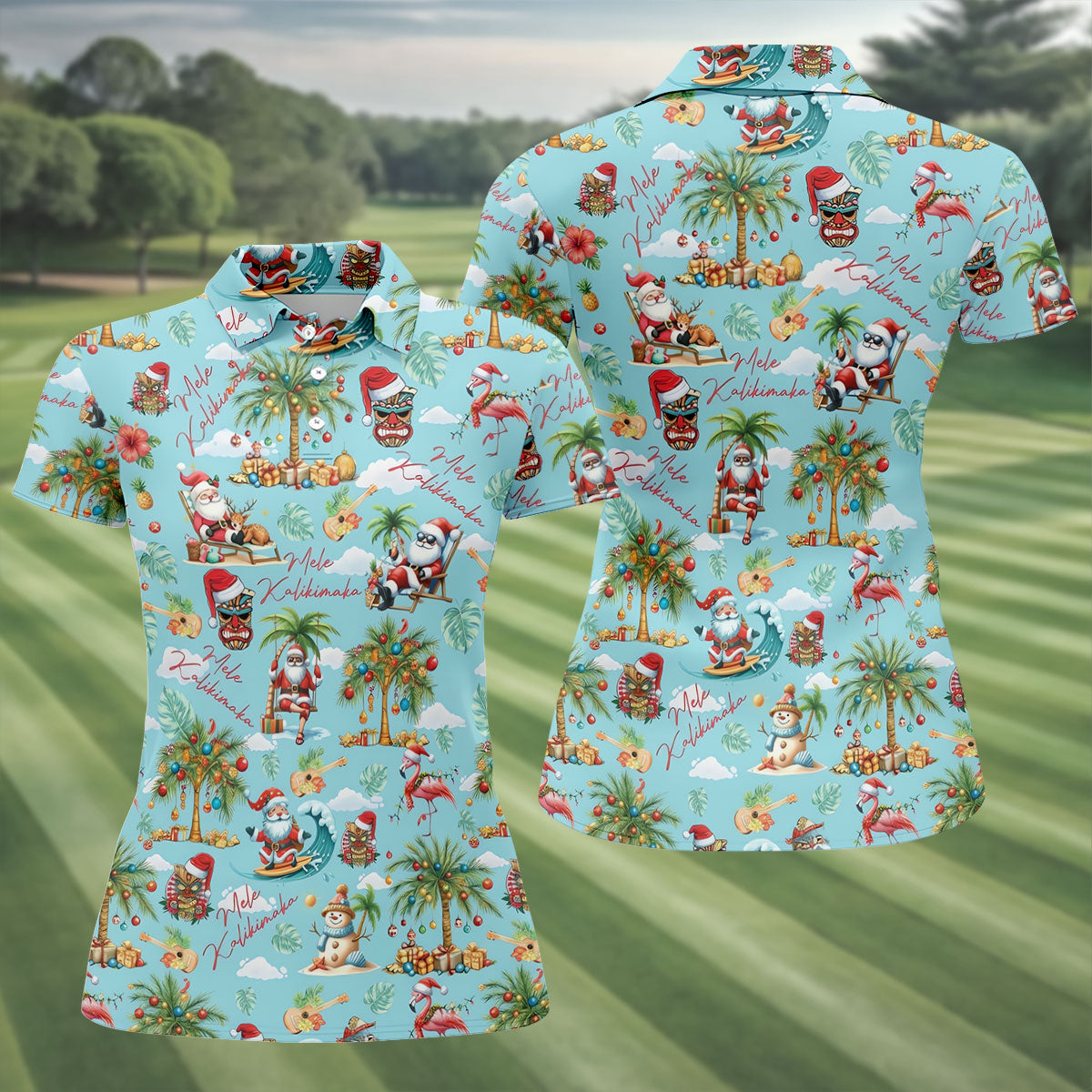 Women's Mele Kalikimaka Surfing Santa Golf Shirt, Christmas Golf Shirt, Women’s Golf Apparel