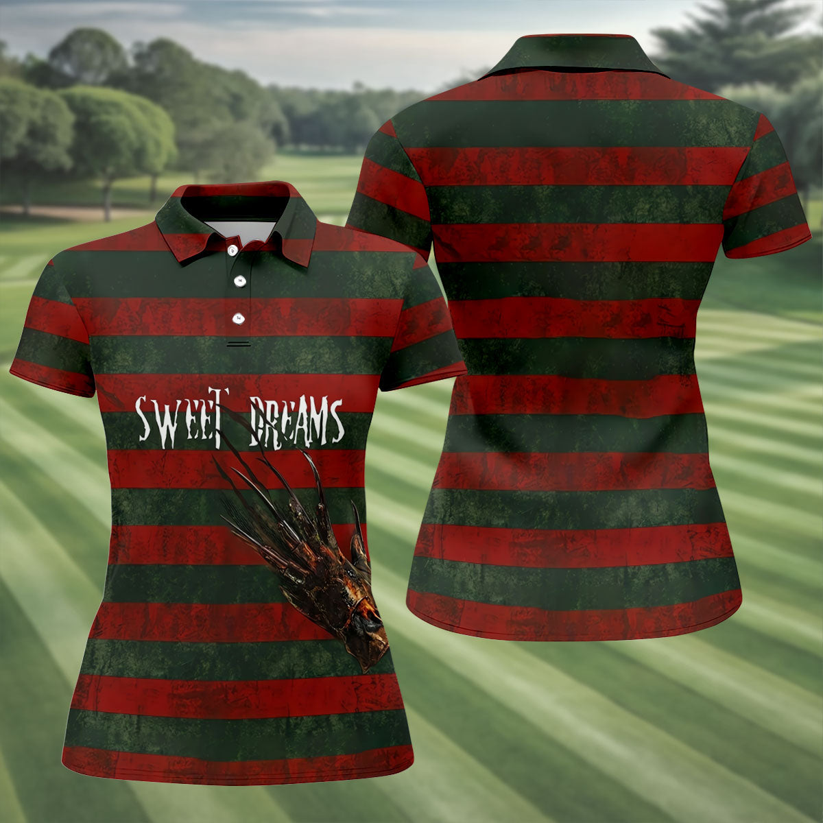 Sweet Dreams Horror Striped Golf Polo Shirt, Women’s Golf Polo, Printed Golf Shirt