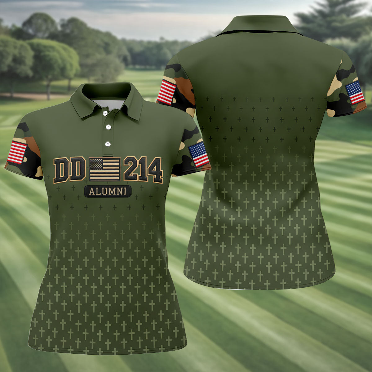 DD-214 Alumni Flag Cross Camo Polo Shirt, Veterans Day Shirt, Golf Tops For Women