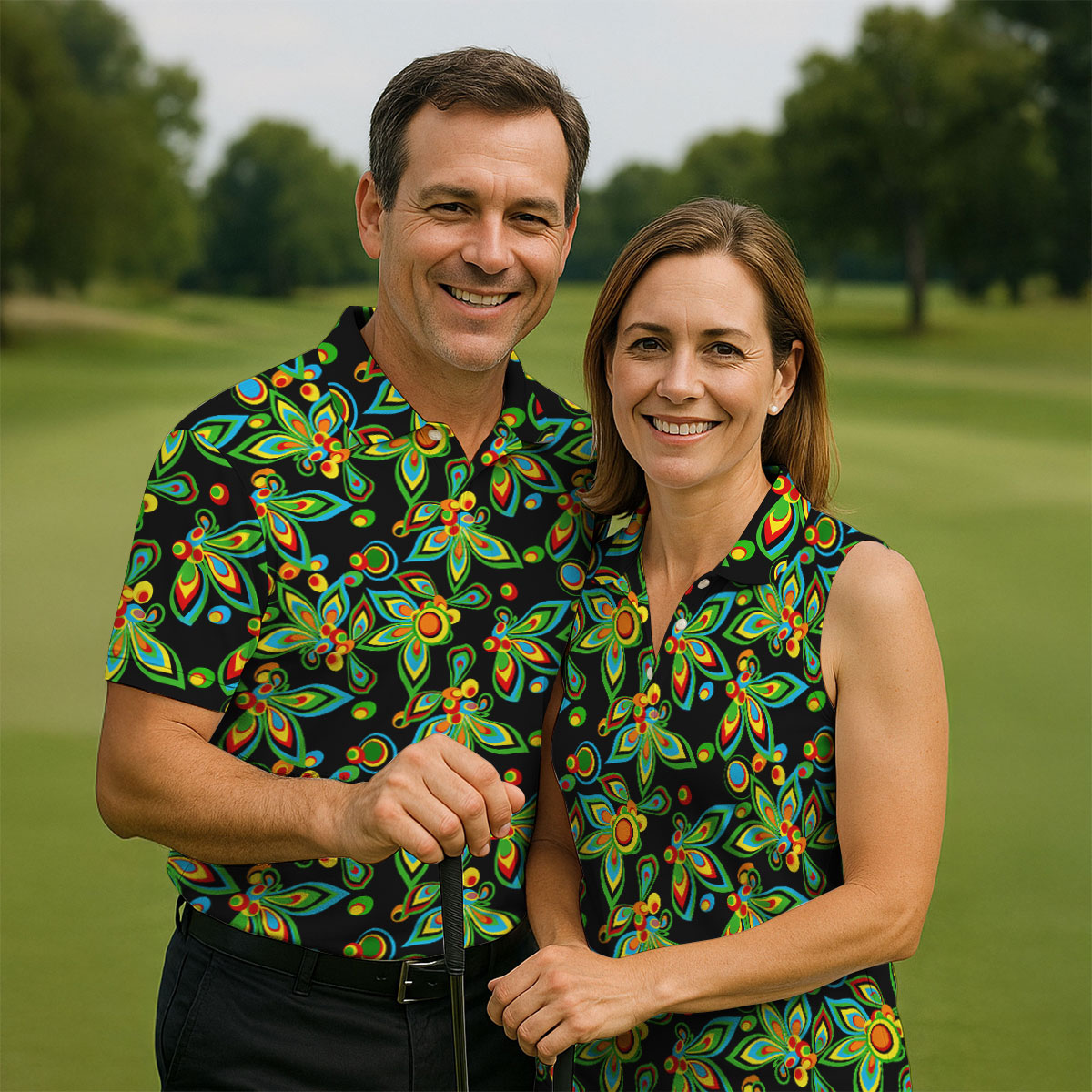Black Colorful Floral Geometric Pattern Golf Shirt, Men's Golf Shirt, Golf Apparel For Men, Polo Shirts For Men