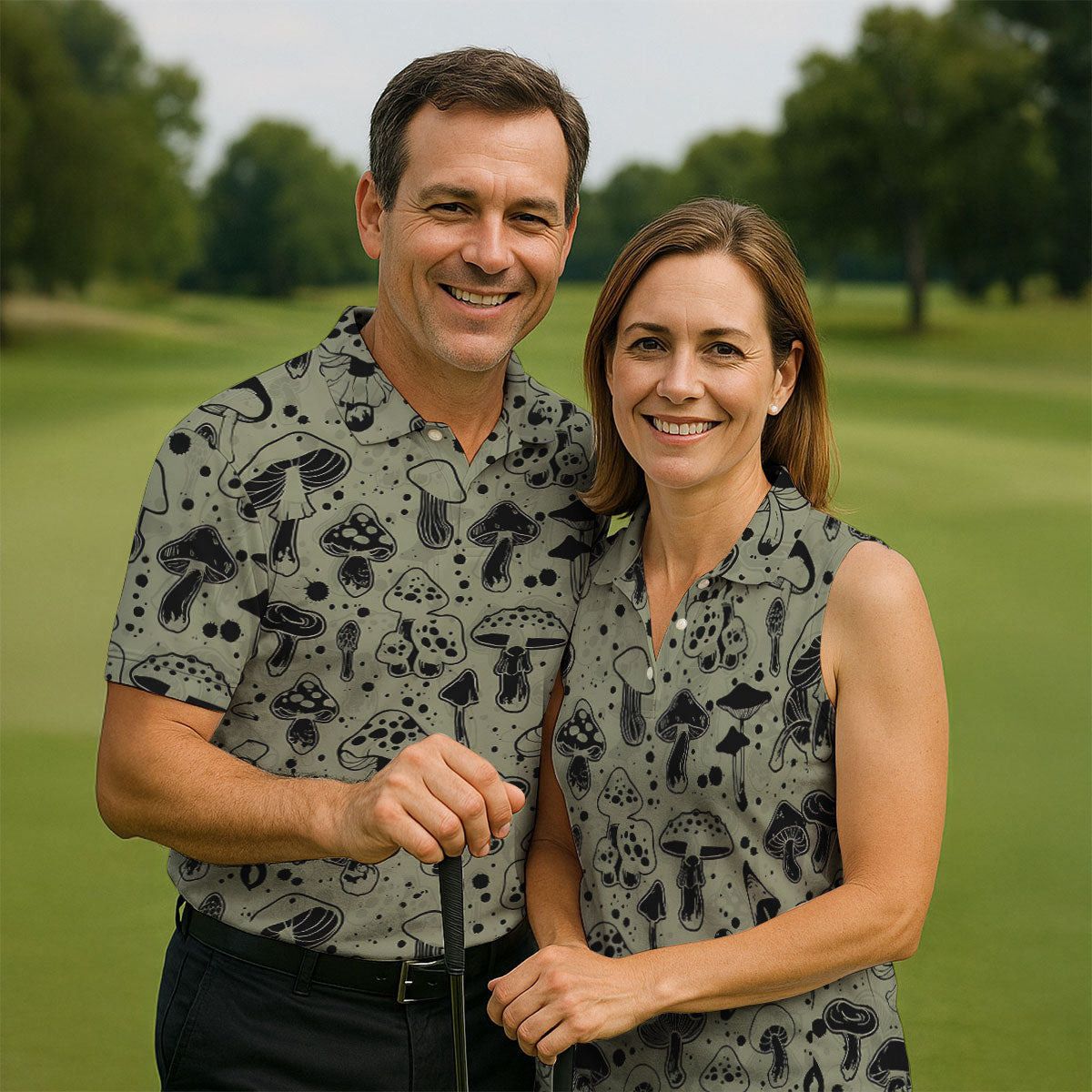 Vintage Mushroom Sketch Pattern Hawaiian Golf Shirt, Printed Golf Shirts, Golf Apparel For Men