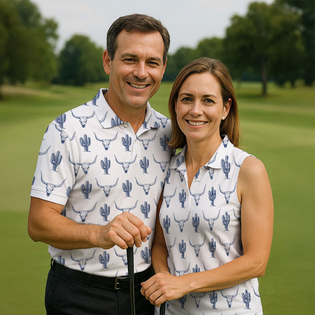 Western Longhorn And Cactus Pattern Hawaiian Golf Shirt, Golf Shirts For Men, Polo Shirts For Men