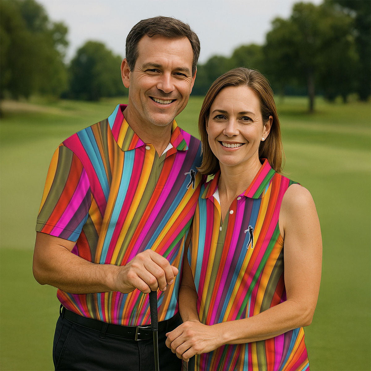 Rainbow Wave Golfer Silhouette Cinco De Mayo Celebration Fiesta Themed Golf Shirts For Men