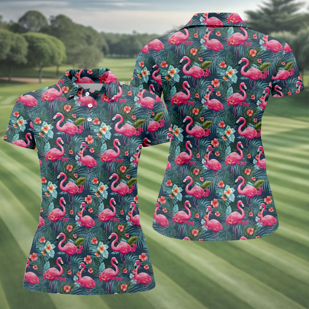 Pink Flamingo Tropical Floral Golf Polo Shirt, Golf Shirts For Women, Women's Golf Apparel